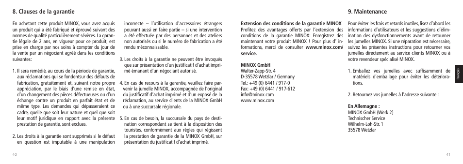 Clauses de la garantie, Maintenance | Minox 7.5x44 RAPID Binoculars User Manual | Page 21 / 37