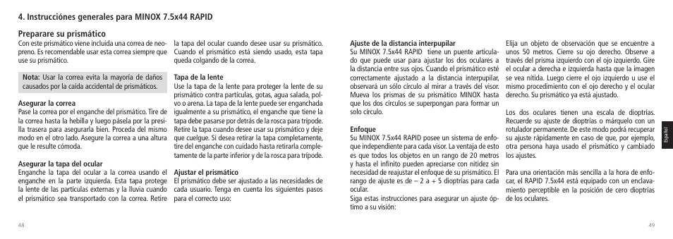 Preparare su prismático, Instrucciónes generales para minox 7.5x44 rapid | Minox 7.5x44 RAPID Binoculars User Manual | Page 25 / 37