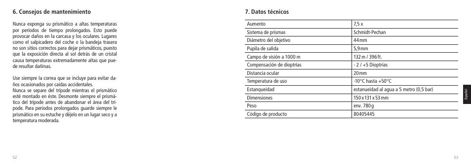 Consejos de mantenimiento, Datos técnicos | Minox 7.5x44 RAPID Binoculars User Manual | Page 27 / 37