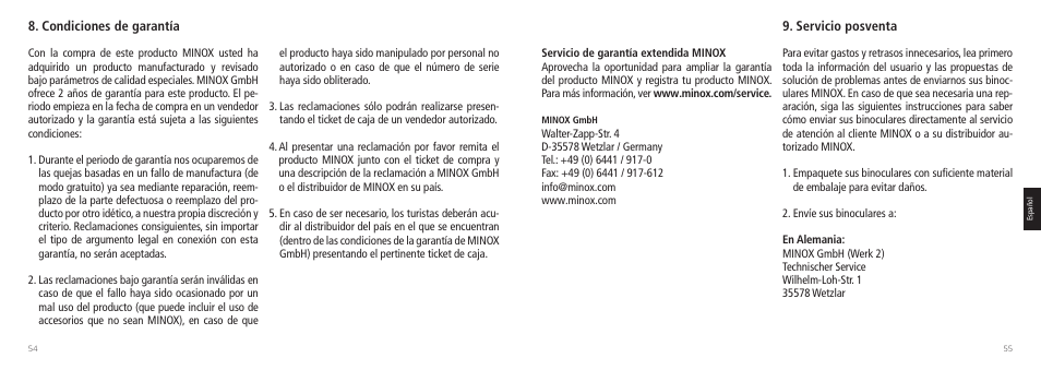 Condiciones de garantía, Servicio posventa | Minox 7.5x44 RAPID Binoculars User Manual | Page 28 / 37