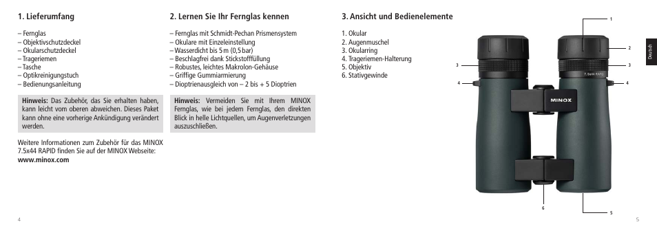 Lieferumfang, Lernen sie ihr fernglas kennen, Ansicht und bedienelemente | Minox 7.5x44 RAPID Binoculars User Manual | Page 3 / 37