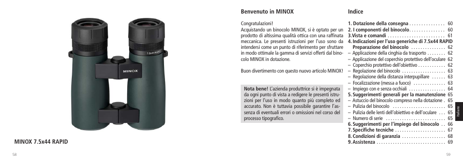 Minox 7.5x44 rapid, Indice, Benvenuto in minox | Minox 7.5x44 RAPID Binoculars User Manual | Page 30 / 37