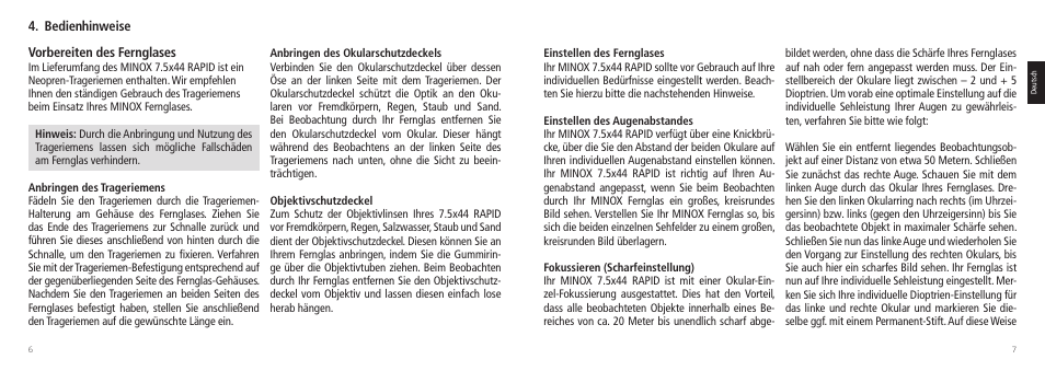 Vorbereiten des fernglases, Bedienhinweise | Minox 7.5x44 RAPID Binoculars User Manual | Page 4 / 37