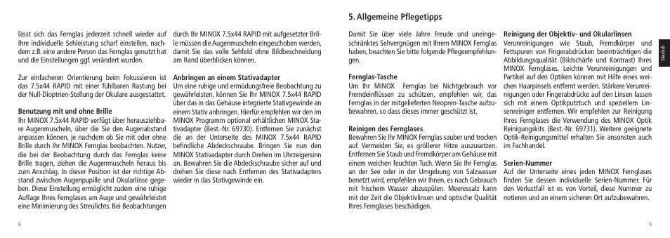 Allgemeine pflegetipps | Minox 7.5x44 RAPID Binoculars User Manual | Page 5 / 37