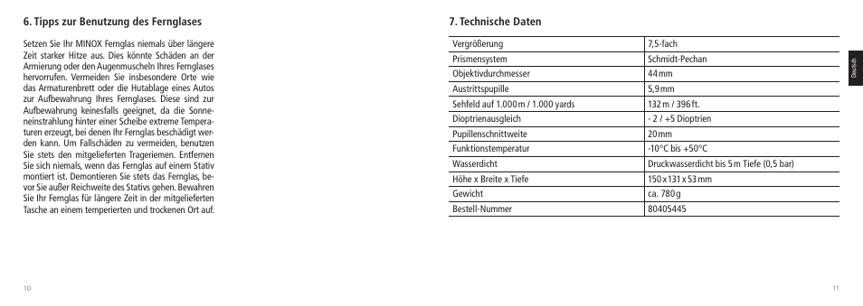 Tipps zur benutzung des fernglases, Technische daten | Minox 7.5x44 RAPID Binoculars User Manual | Page 6 / 37