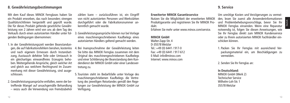 Gewährleistungsbestimmungen, Service | Minox 7.5x44 RAPID Binoculars User Manual | Page 7 / 37