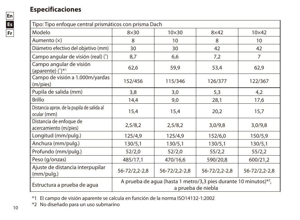 Especificaciones | Nikon PROSTAFF P7 8x42 Binoculars User Manual | Page 10 / 16