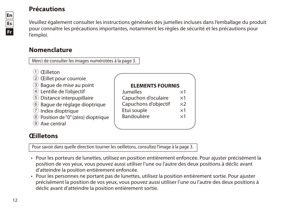 Français, Précautions, Nomenclature | Œilletons | Nikon PROSTAFF P7 8x42 Binoculars User Manual | Page 12 / 16