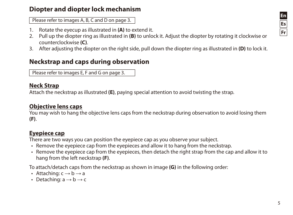 Diopter and diopter lock mechanism, Neckstrap and caps during observation | Nikon PROSTAFF P7 8x42 Binoculars User Manual | Page 5 / 16