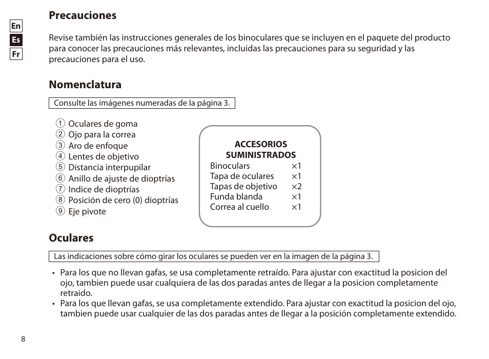 Español, Precauciones, Nomenclatura | Oculares | Nikon PROSTAFF P7 8x42 Binoculars User Manual | Page 8 / 16