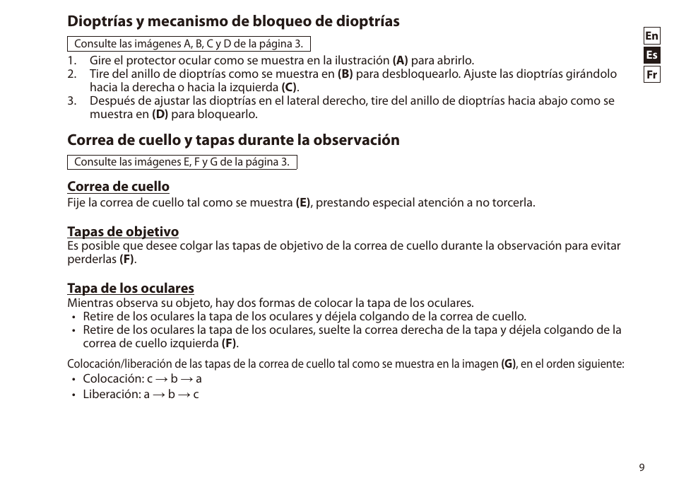 Dioptrías y mecanismo de bloqueo de dioptrías, Correa de cuello y tapas durante la observación | Nikon PROSTAFF P7 8x42 Binoculars User Manual | Page 9 / 16