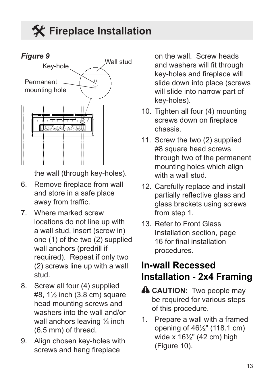 In-wall recessed installation - 2x4 framing, Fireplace installation | Dimplex BLF50 User Manual | Page 13 / 24