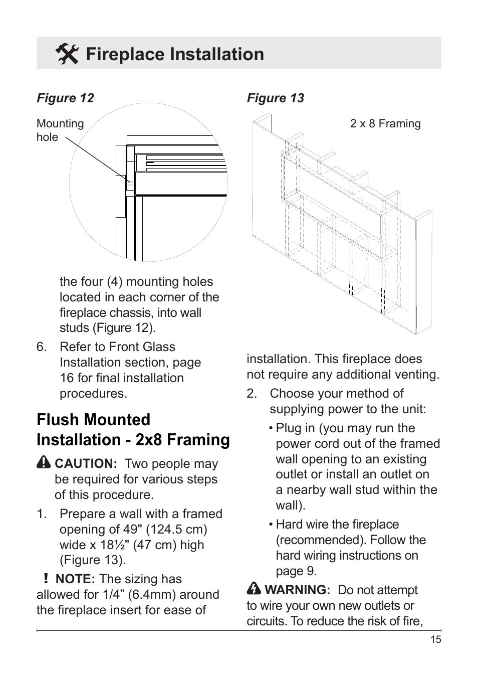 Flush mounted installation - 2x8 framing, Fireplace installation | Dimplex BLF50 User Manual | Page 15 / 24