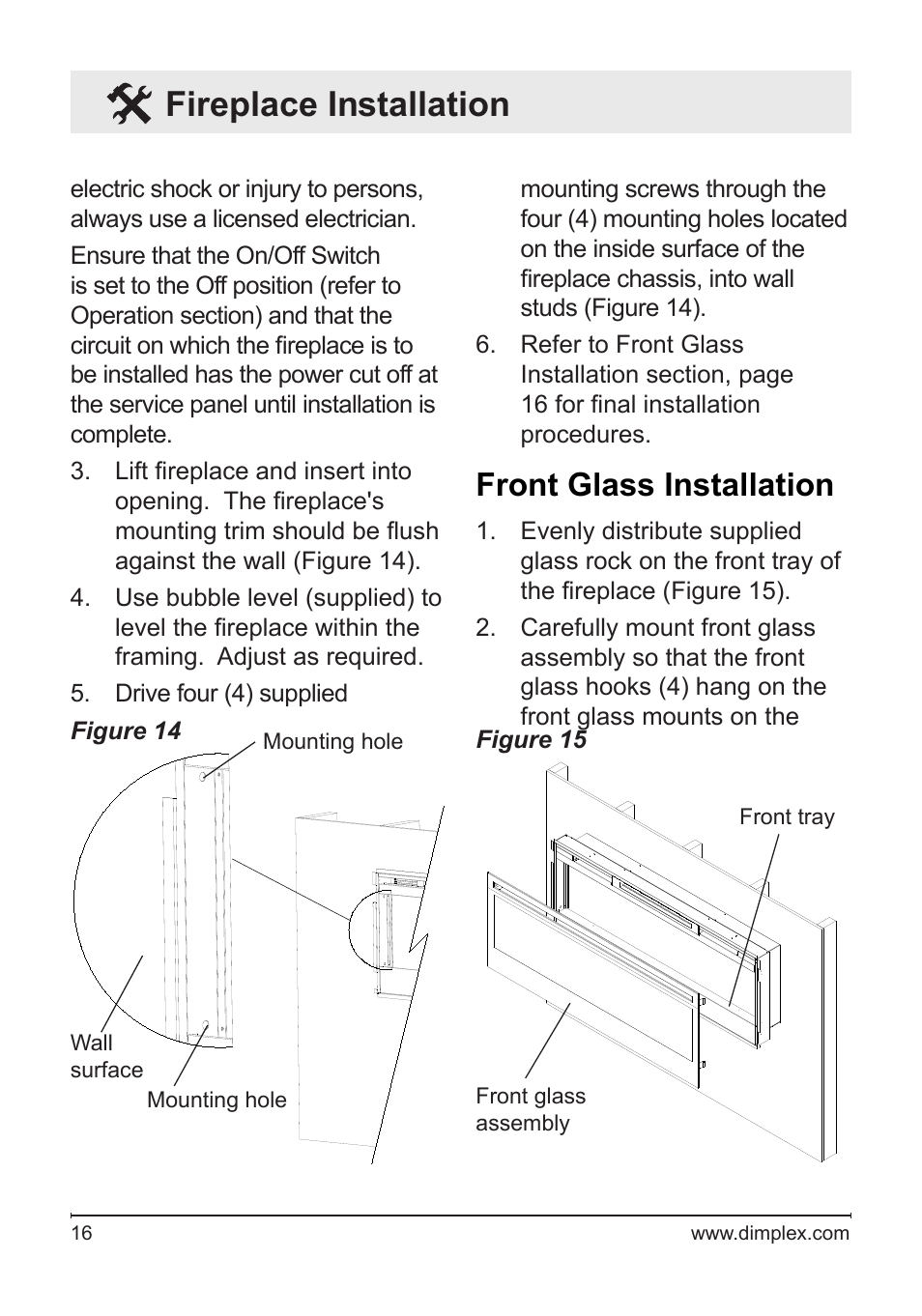 Front glass installation, Fireplace installation | Dimplex BLF50 User Manual | Page 16 / 24