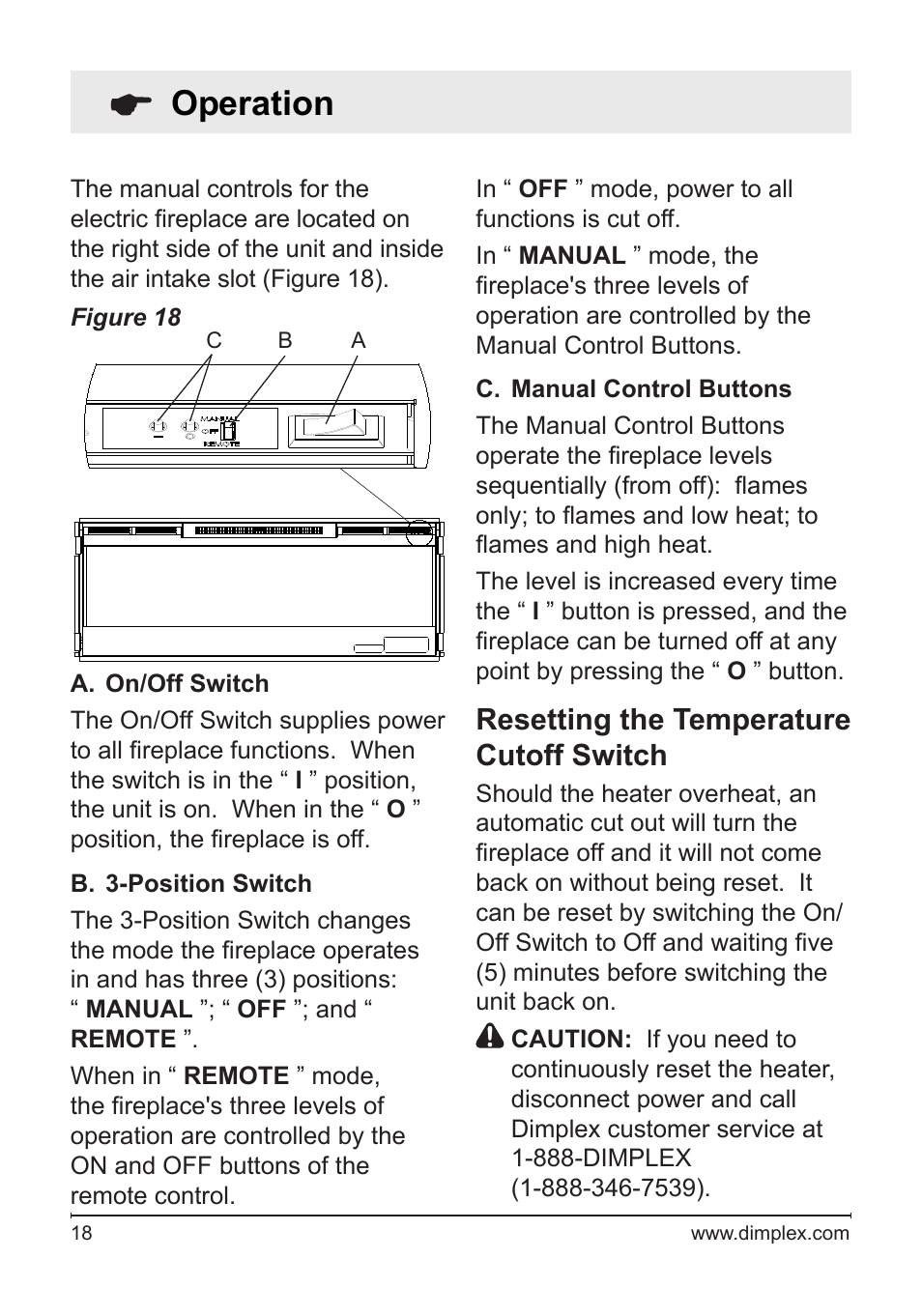 Operation, Resetting the temperature cutoff switch | Dimplex BLF50 User Manual | Page 18 / 24