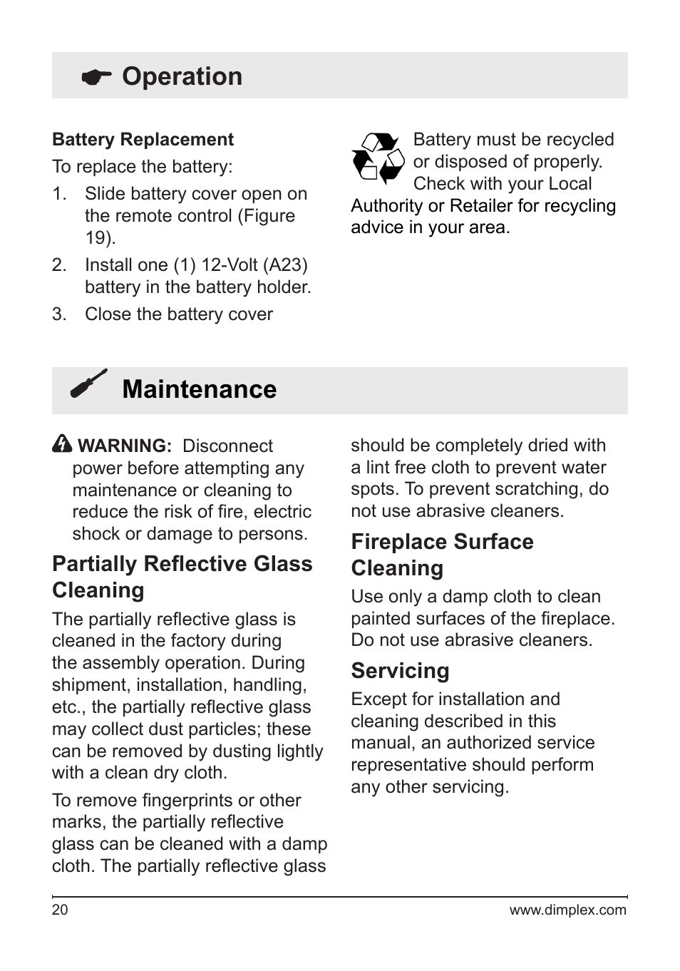 Maintenance, Operation maintenance, Partially reflective glass cleaning | Fireplace surface cleaning, Servicing | Dimplex BLF50 User Manual | Page 20 / 24