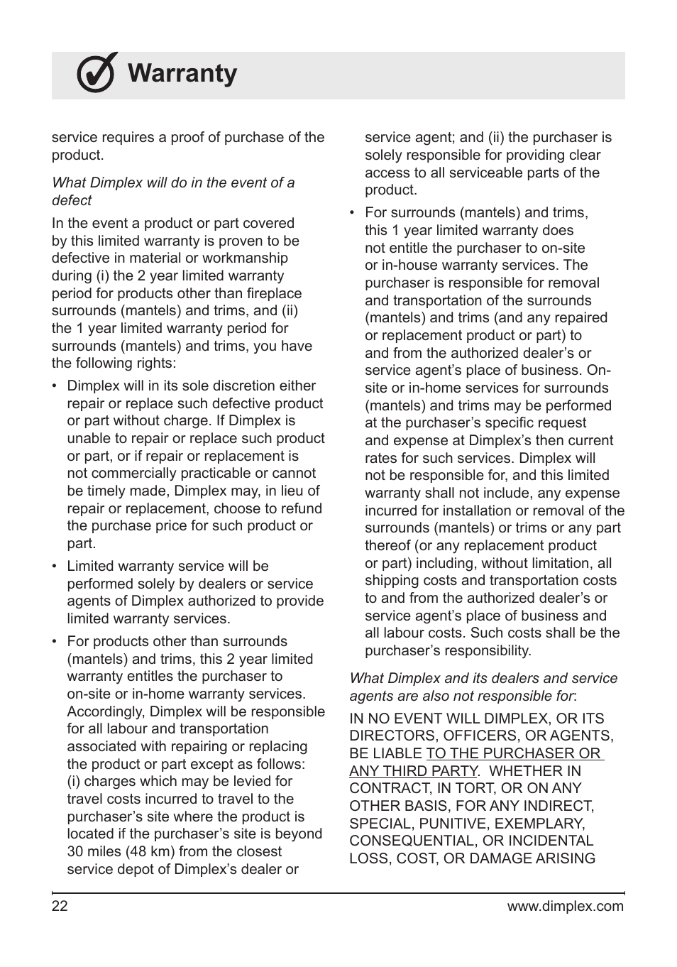 Warranty | Dimplex BLF50 User Manual | Page 22 / 24
