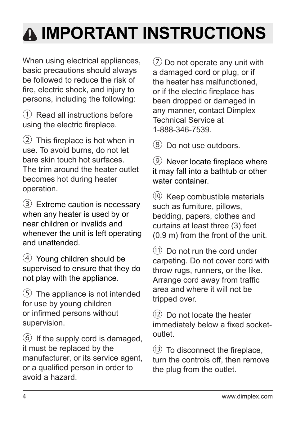 Important instructions | Dimplex BLF50 User Manual | Page 4 / 24