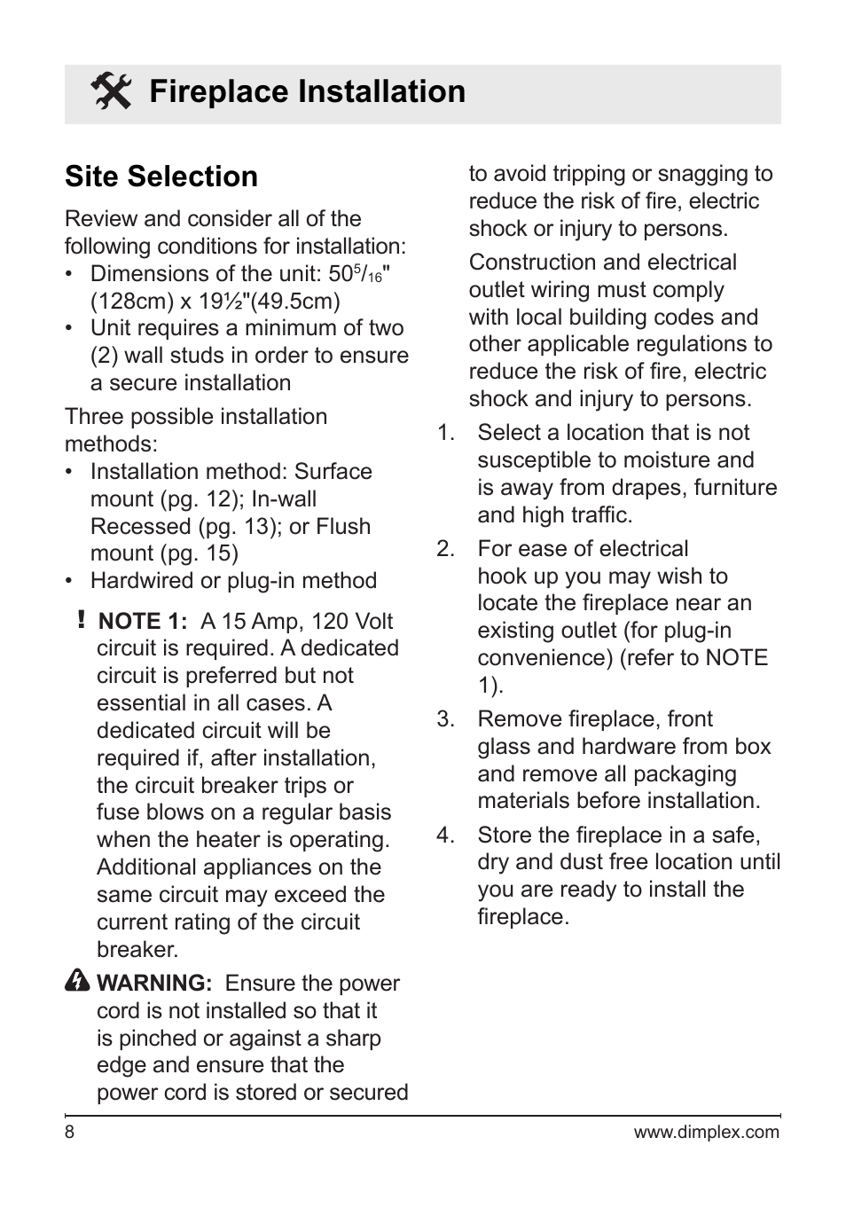 Fireplace installation, Site selection | Dimplex BLF50 User Manual | Page 8 / 24
