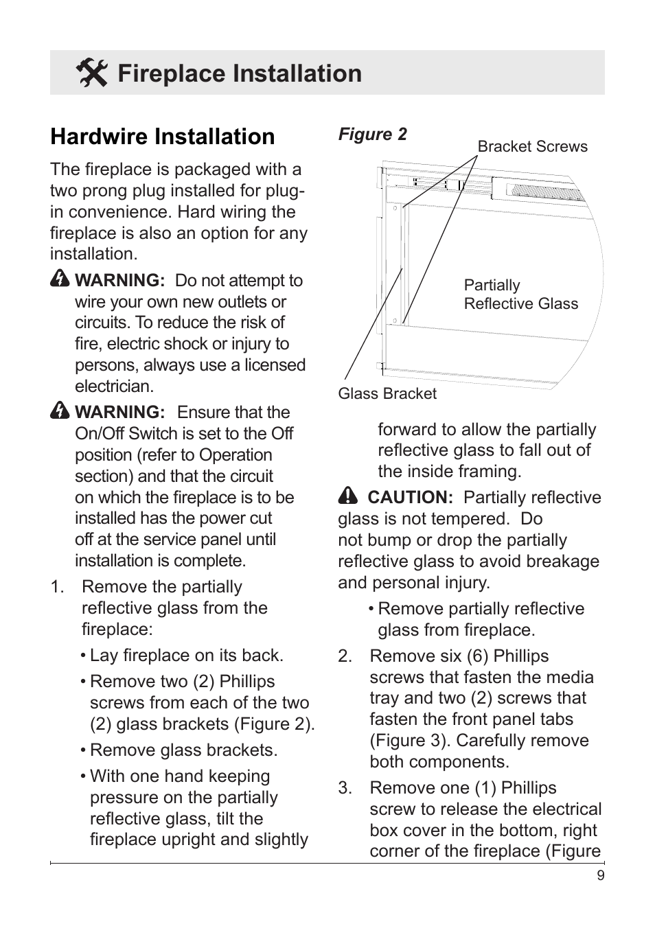 Hardwire installation, Fireplace installation | Dimplex BLF50 User Manual | Page 9 / 24