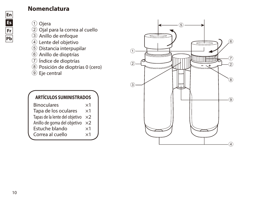Español, Nomenclatura | Nikon 8x42 Monarch HG Binoculars User Manual | Page 10 / 32