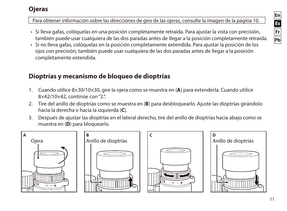 Ojeras, Dioptrías y mecanismo de bloqueo de dioptrías | Nikon 8x42 Monarch HG Binoculars User Manual | Page 11 / 32