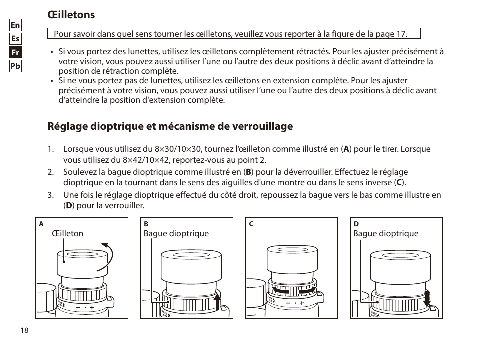 Œilletons, Réglage dioptrique et mécanisme de verrouillage | Nikon 8x42 Monarch HG Binoculars User Manual | Page 18 / 32