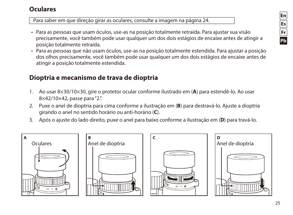 Oculares, Dioptria e mecanismo de trava de dioptria | Nikon 8x42 Monarch HG Binoculars User Manual | Page 25 / 32