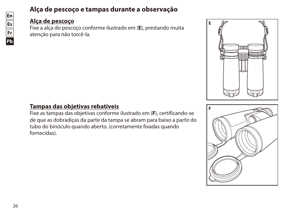 Alça de pescoço e tampas durante a observação | Nikon 8x42 Monarch HG Binoculars User Manual | Page 26 / 32