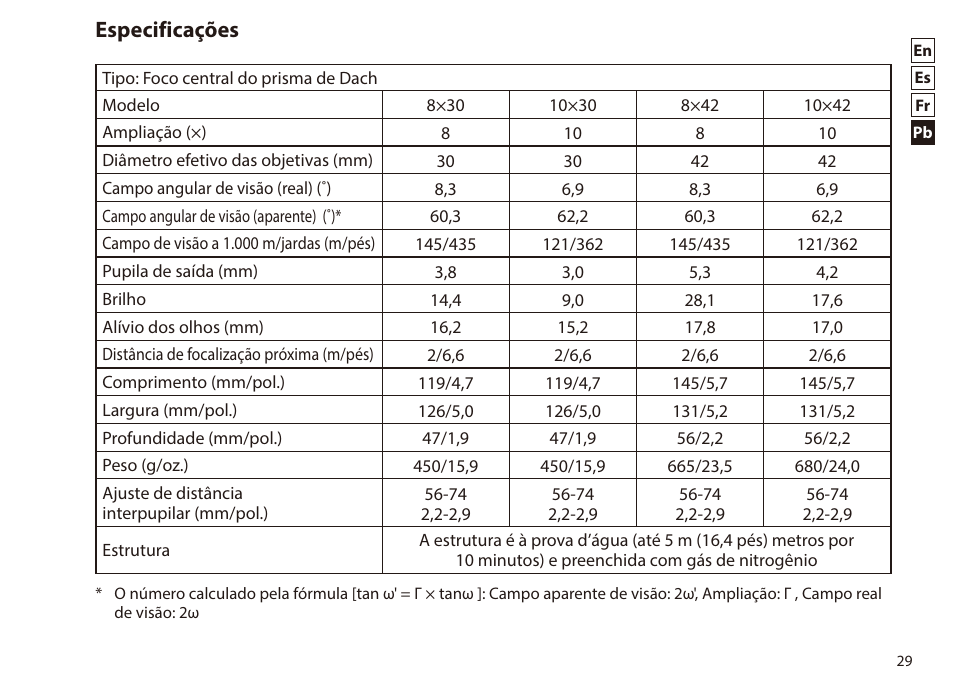 Especificações | Nikon 8x42 Monarch HG Binoculars User Manual | Page 29 / 32