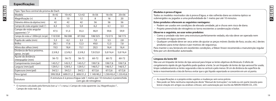 Especificações | Nikon 20x56 Monarch 5 Binoculars (Black) User Manual | Page 10 / 11