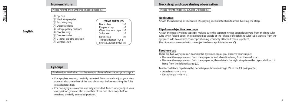Nomenclature, Eyecups, Neckstrap and caps during observation | English | Nikon 20x56 Monarch 5 Binoculars (Black) User Manual | Page 3 / 11