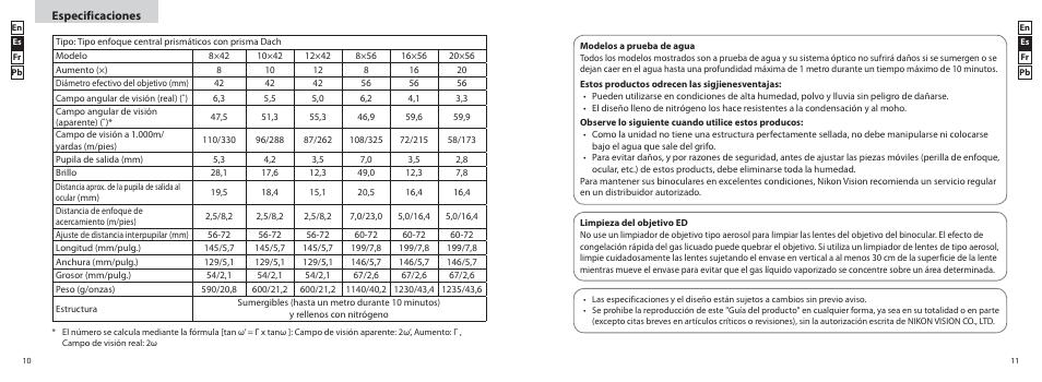 Especificaciones | Nikon 20x56 Monarch 5 Binoculars (Black) User Manual | Page 6 / 11