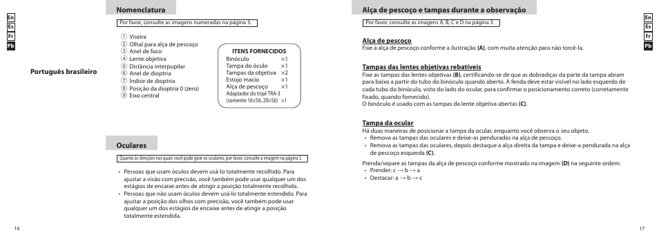 Nomenclatura, Oculares, Alça de pescoço e tampas durante a observação | Português brasileiro | Nikon 20x56 Monarch 5 Binoculars (Black) User Manual | Page 9 / 11