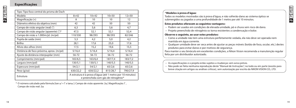 Especificações | Nikon 12x50 ProStaff 5 Binoculars (Black) User Manual | Page 10 / 10