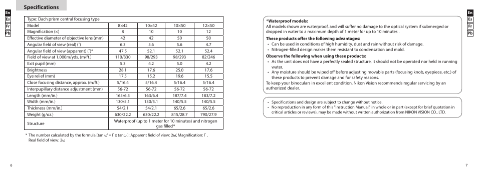 Specifications | Nikon 12x50 ProStaff 5 Binoculars (Black) User Manual | Page 4 / 10