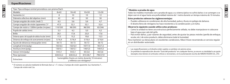 Especificaciones | Nikon 12x50 ProStaff 5 Binoculars (Black) User Manual | Page 6 / 10