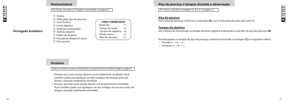 Nomenclatura, Oculares, Alça de pescoço e tampas durante a observação | Português brasileiro | Nikon 12x50 ProStaff 5 Binoculars (Black) User Manual | Page 9 / 10