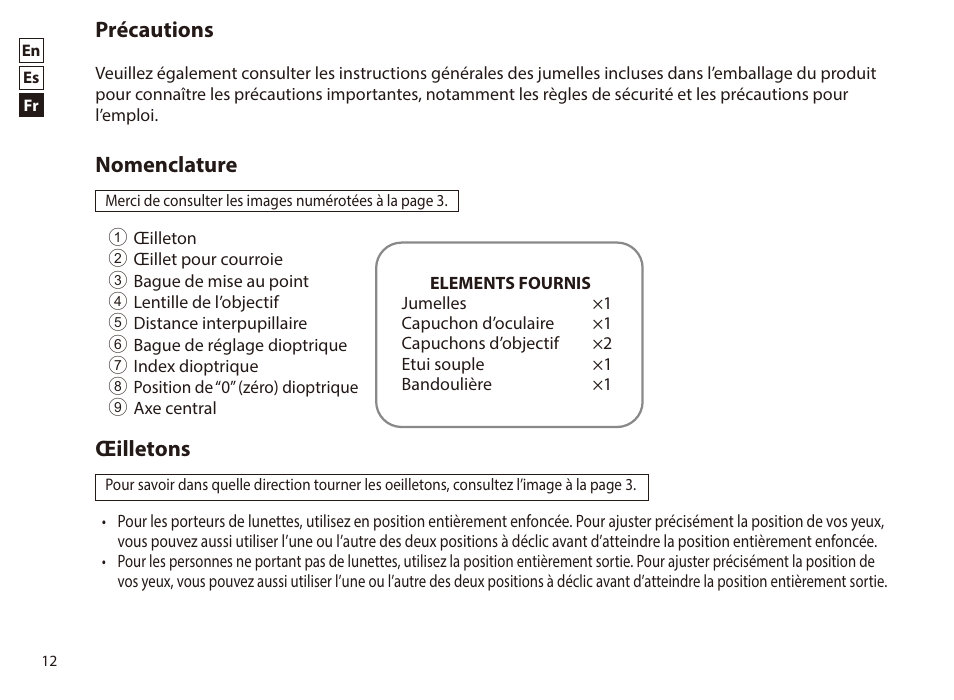 Français, Précautions, Nomenclature | Œilletons | Nikon 12x42 Monarch M5 Binoculars (Black) User Manual | Page 12 / 16