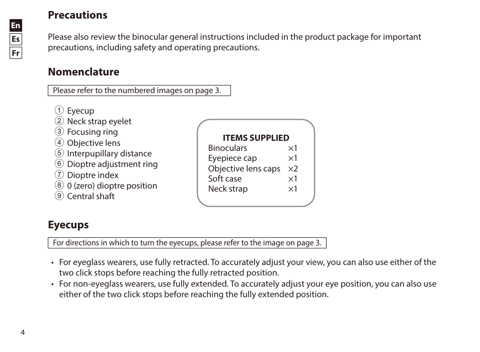 English, Precautions, Nomenclature | Eyecups | Nikon 12x42 Monarch M5 Binoculars (Black) User Manual | Page 4 / 16