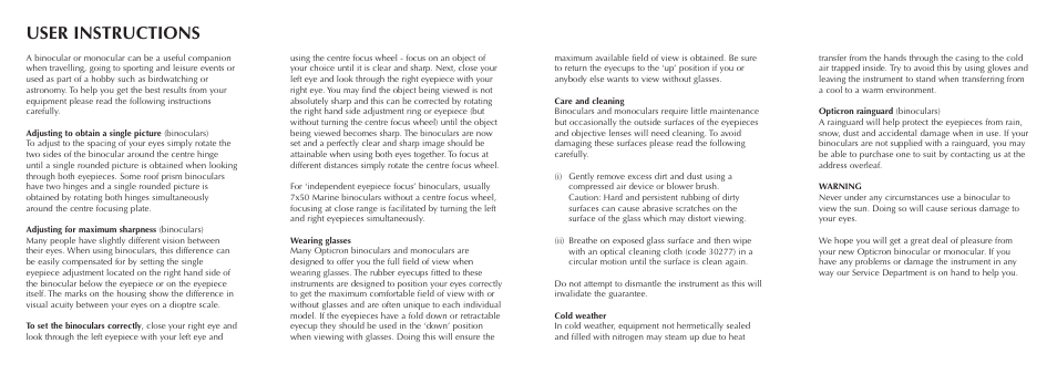 User instructions | Opticron 10x50 Discovery WP PC Binoculars User Manual | Page 2 / 2