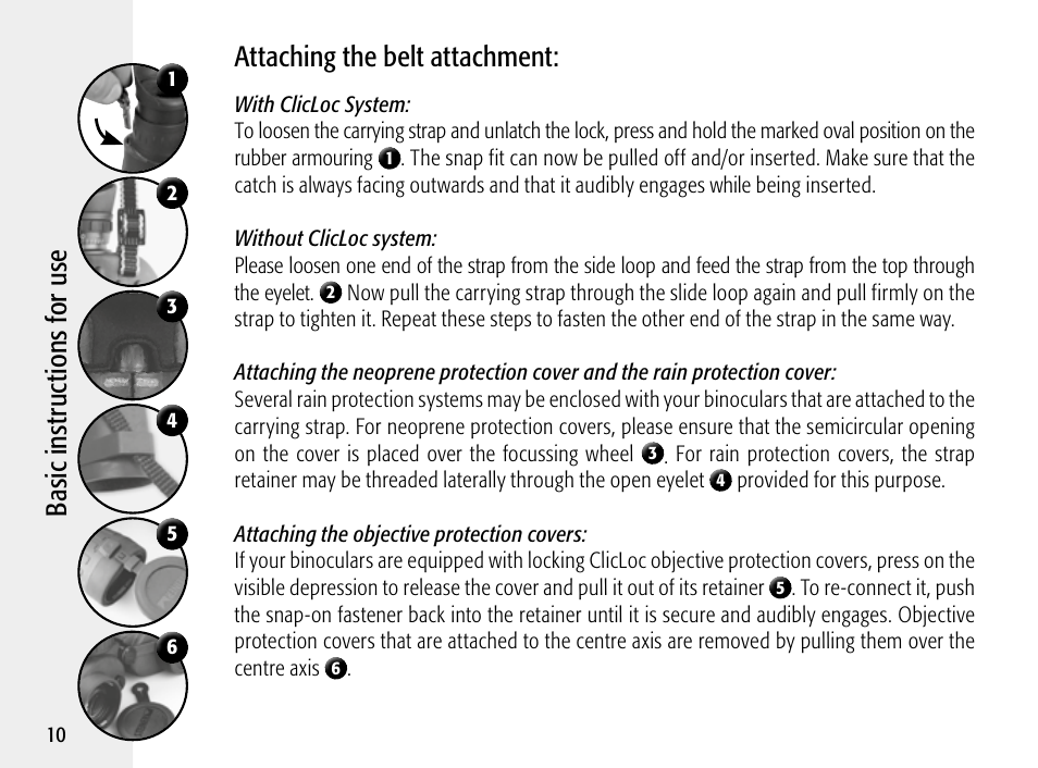 Ba sic i ns tru ct io ns f or u se, Attaching the belt attachment | Steiner Optik 8x30 Military/Marine Binoculars User Manual | Page 12 / 46