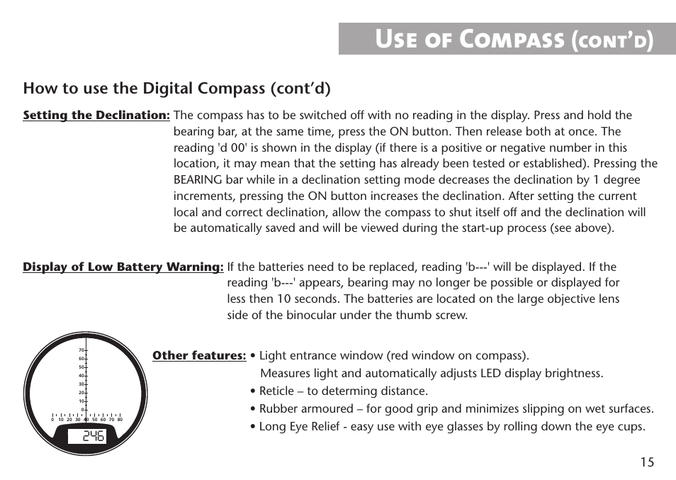 Use of compass, Cont’d), How to use the digital compass (cont’d) | Steiner Optik 15x80 M1580c Military Binoculars (Compass) User Manual | Page 15 / 16