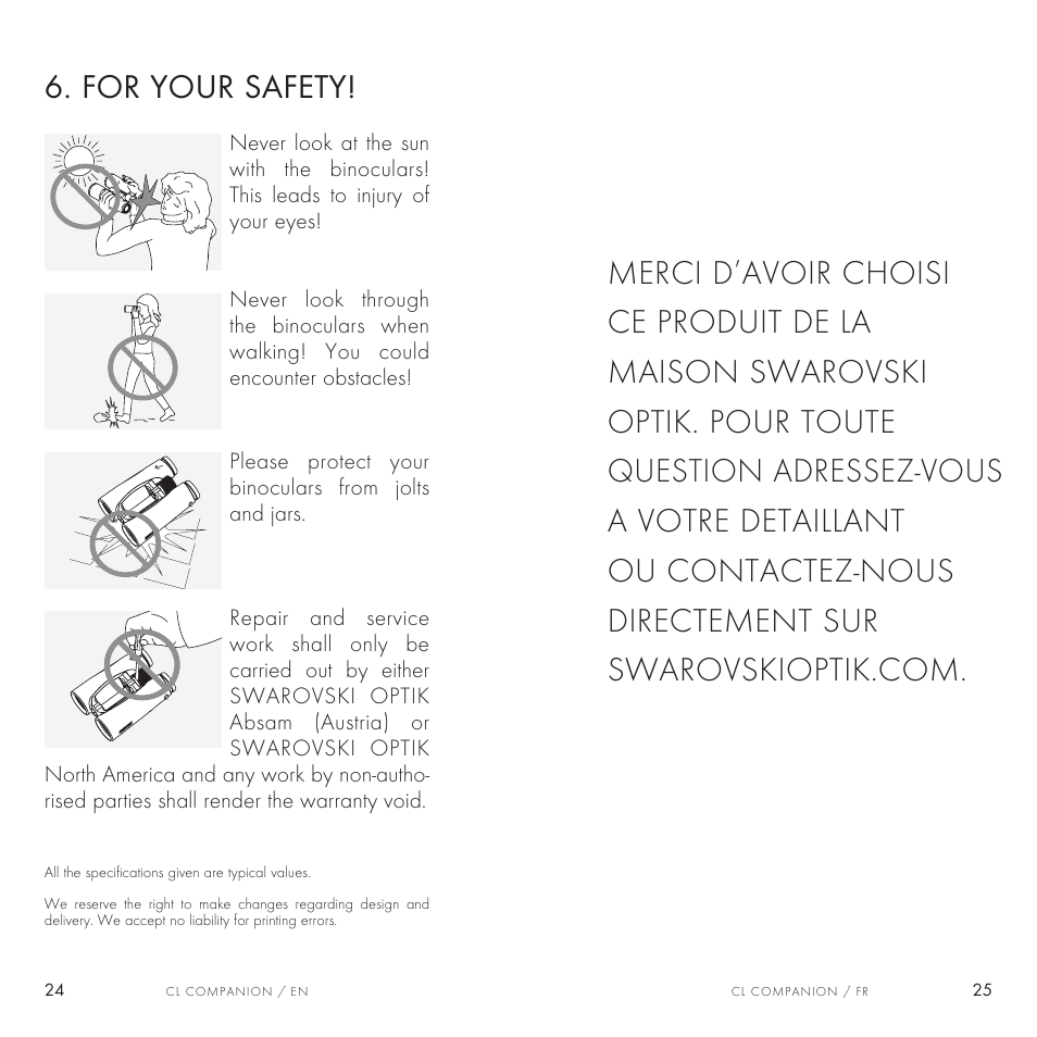 For your safety | Swarovski Optik 8x30 CL Companion Binocular (Anthracite, Wild Nature Accessories Package) User Manual | Page 13 / 63