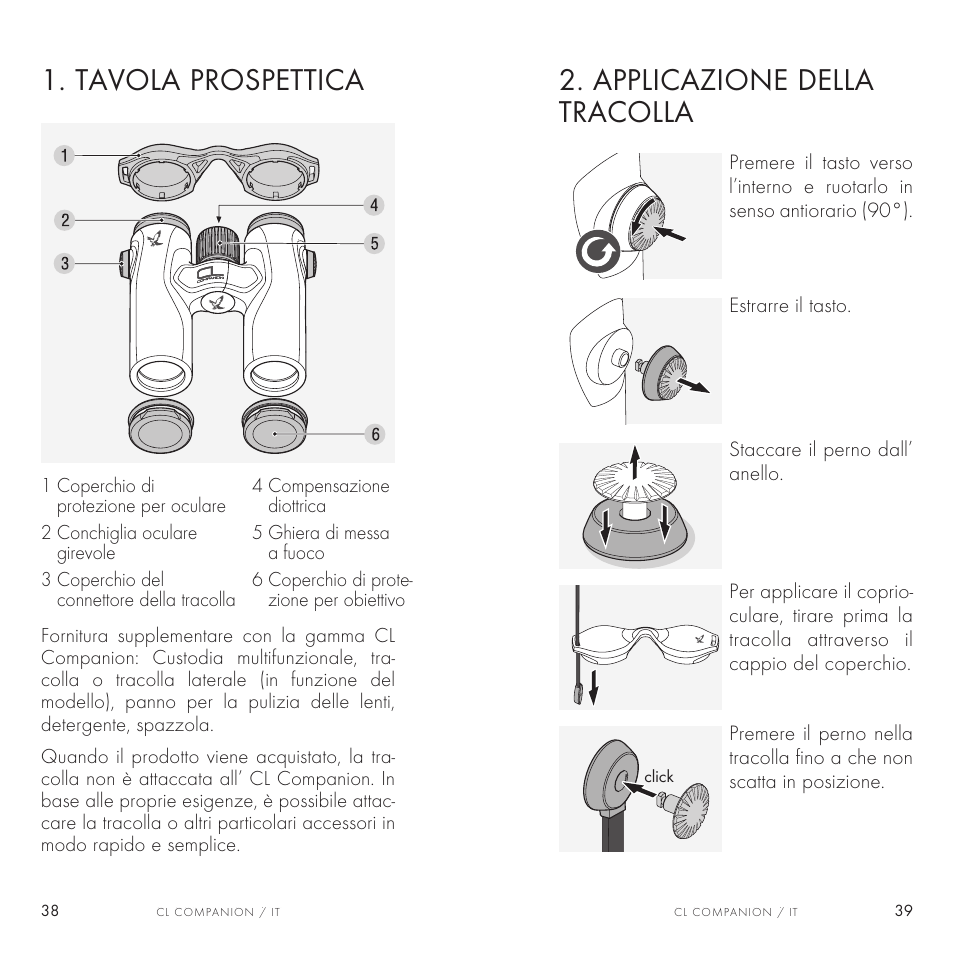 Tavola prospettica, Applicazione della tracolla | Swarovski Optik 8x30 CL Companion Binocular (Anthracite, Wild Nature Accessories Package) User Manual | Page 20 / 63