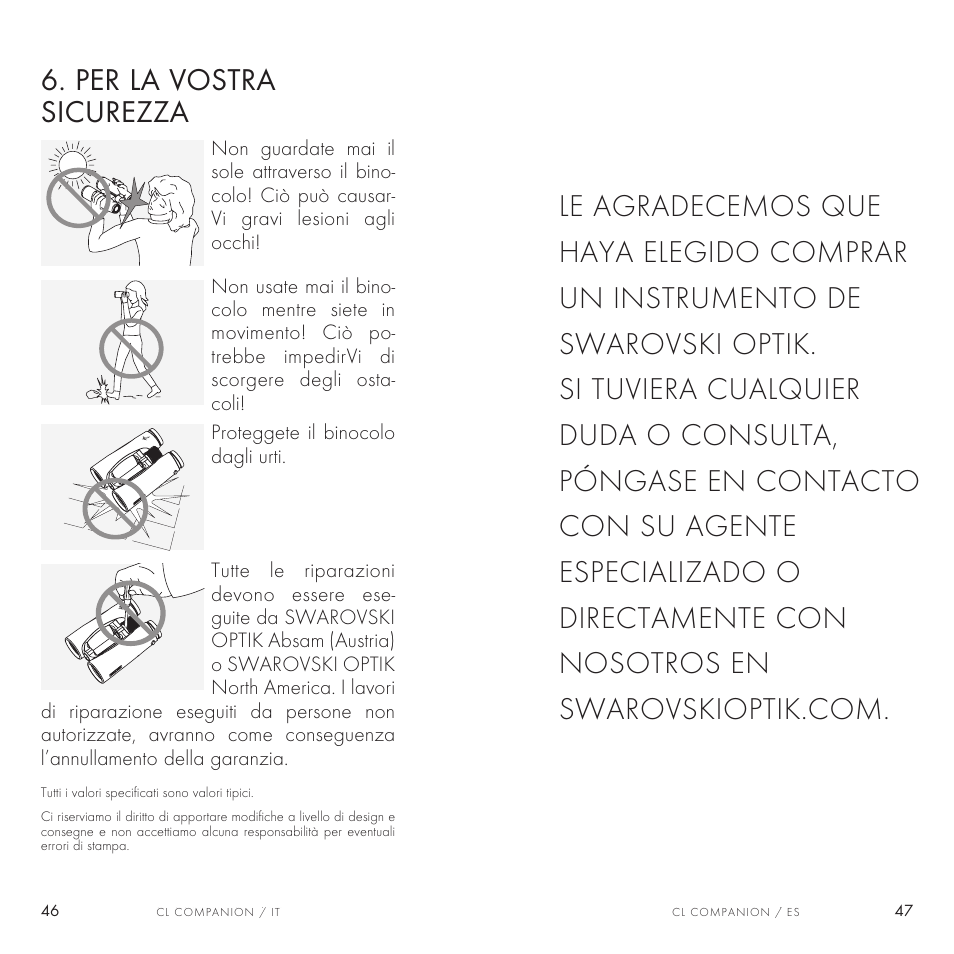 Per la vostra sicurezza | Swarovski Optik 8x30 CL Companion Binocular (Anthracite, Wild Nature Accessories Package) User Manual | Page 24 / 63