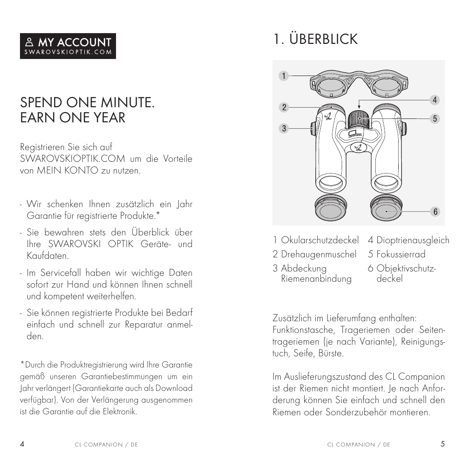 Überblick, Spend one minute. earn one year | Swarovski Optik 8x30 CL Companion Binocular (Anthracite, Wild Nature Accessories Package) User Manual | Page 3 / 63