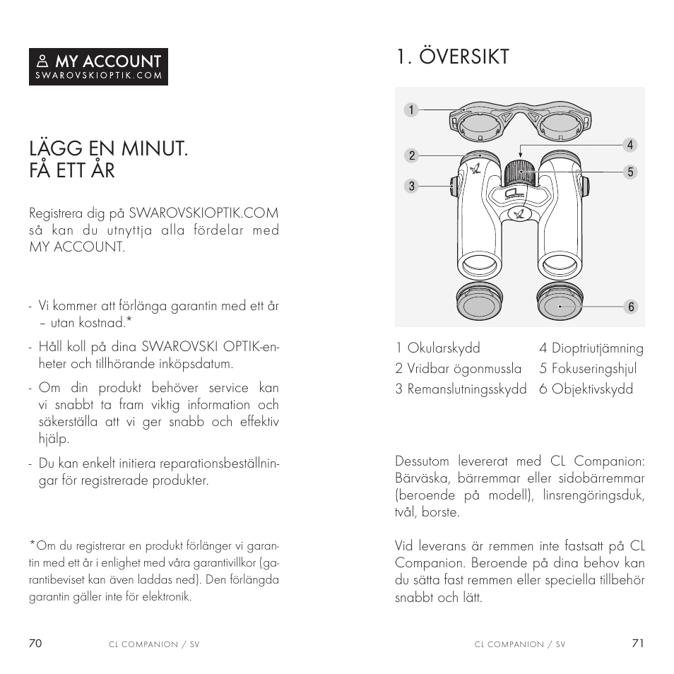 Översikt, Lägg en minut. få ett еr | Swarovski Optik 8x30 CL Companion Binocular (Anthracite, Wild Nature Accessories Package) User Manual | Page 36 / 63