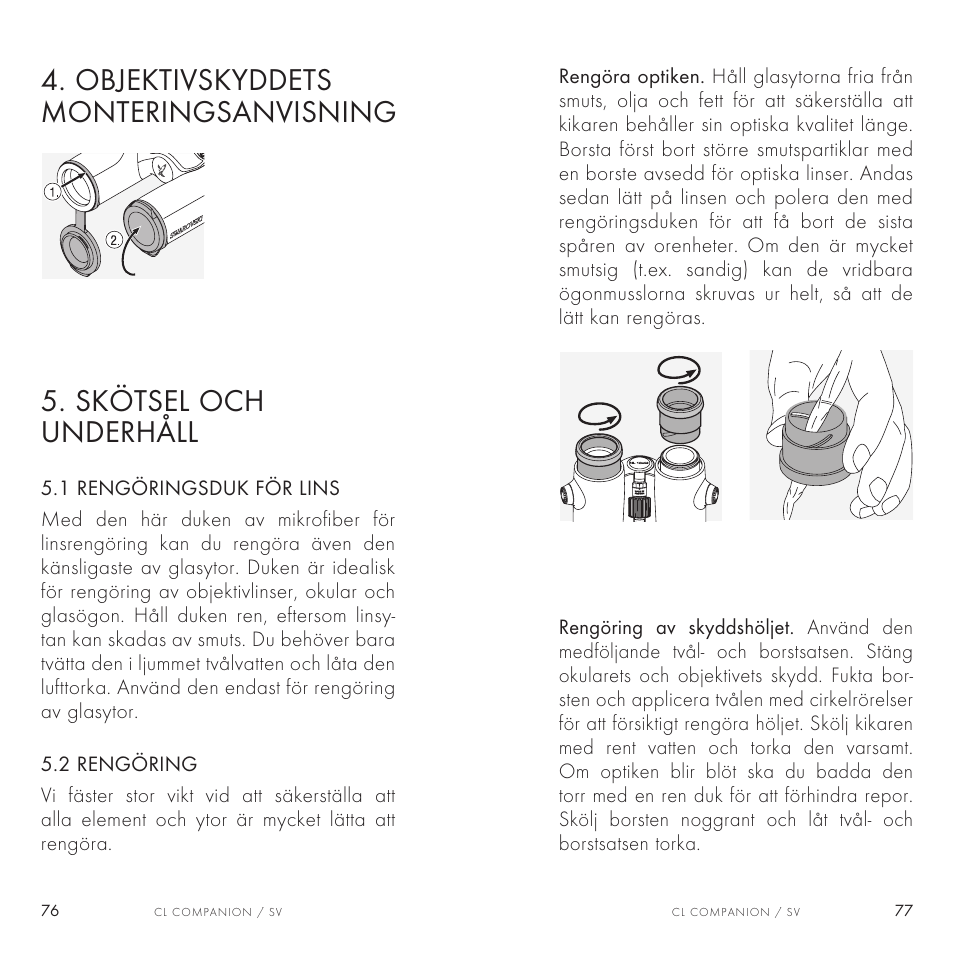 Objektivskyddets monteringsanvisning, Skötsel och underhåll | Swarovski Optik 8x30 CL Companion Binocular (Anthracite, Wild Nature Accessories Package) User Manual | Page 39 / 63