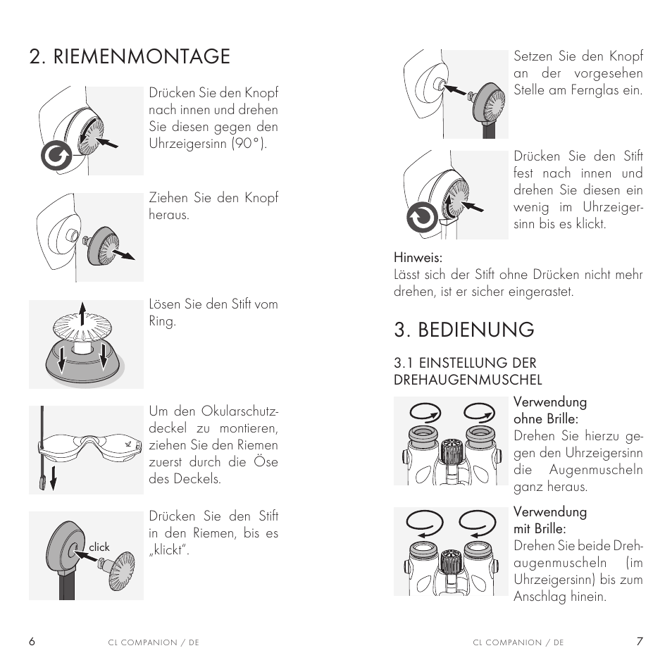 Bedienung, Riemenmontage | Swarovski Optik 8x30 CL Companion Binocular (Anthracite, Wild Nature Accessories Package) User Manual | Page 4 / 63